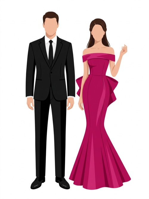 Código de vestimenta: hombre en traje negro, mujer en vestido largo fucsia